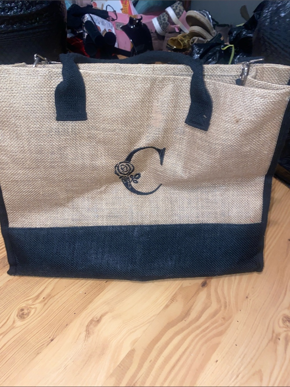 Hobby Lobby Natural and Black Jute Tote with Embroidered "C"